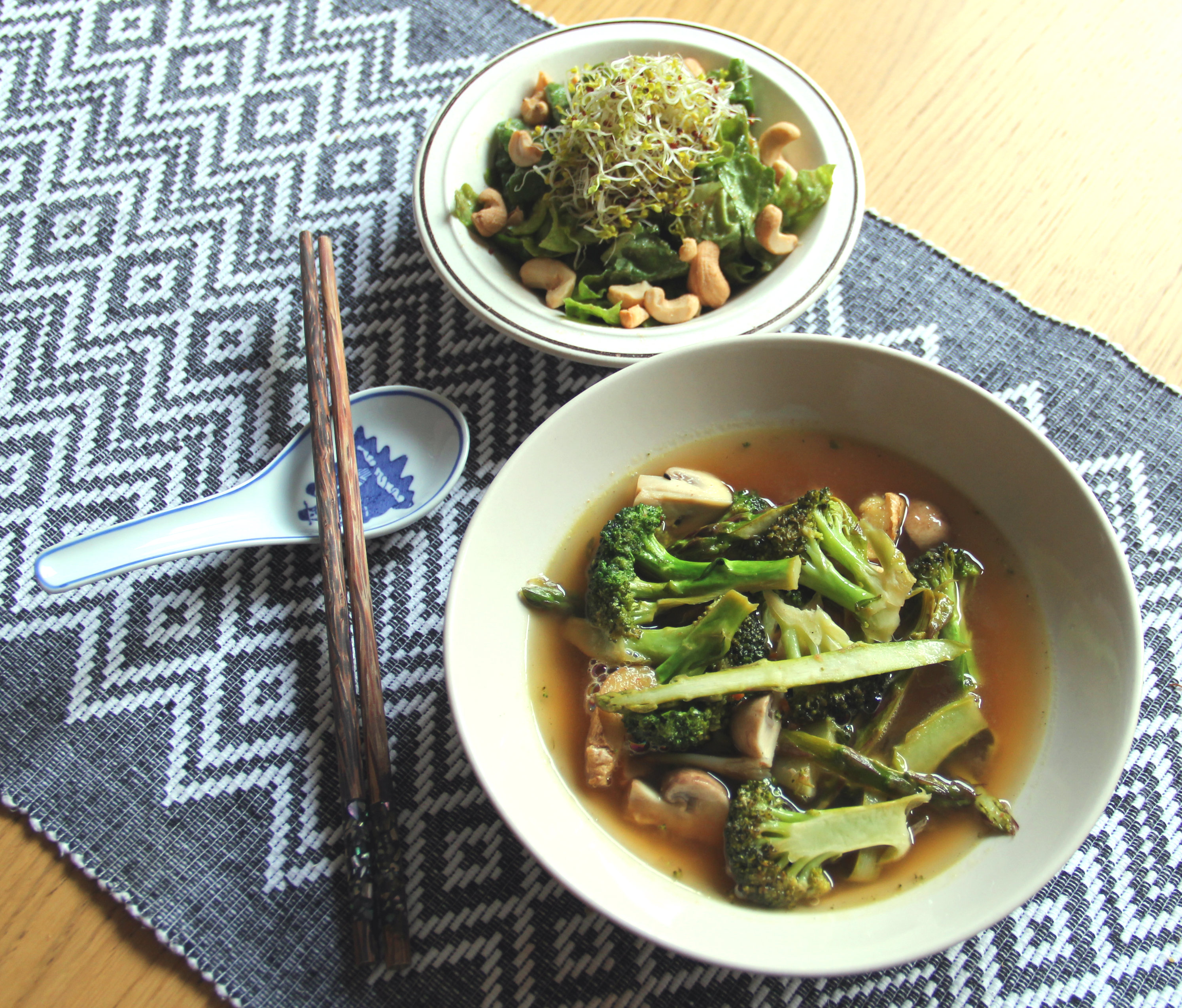 Greens, fermented plum broth, green salad, tahini, sesame seed oil, dressing, vegan, lunch, dinner