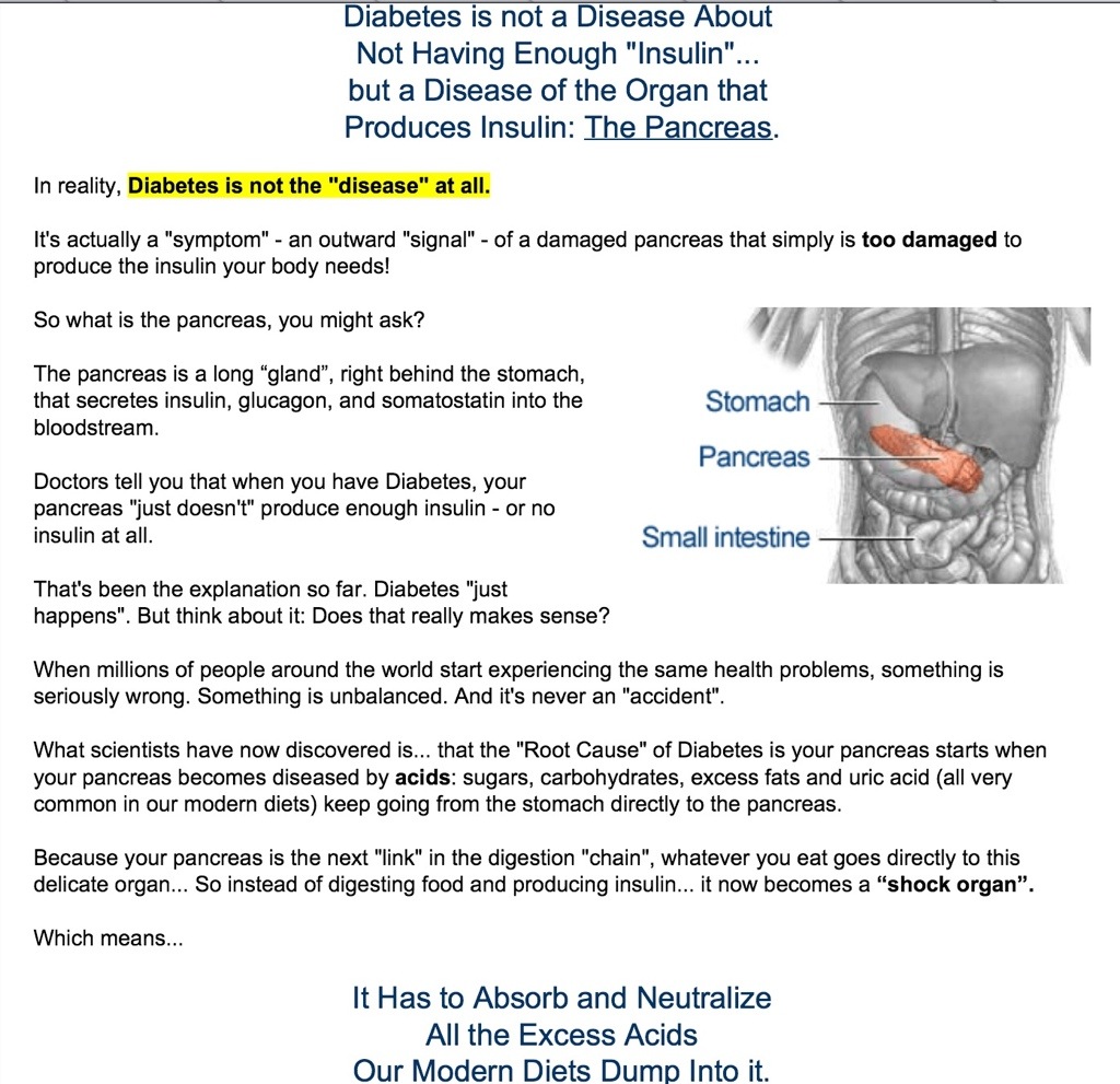 Diabetes is only a symptom; the real problem is the diseased pancreas caused by acids: sugars, carbohydrates, excess fats and uric acid